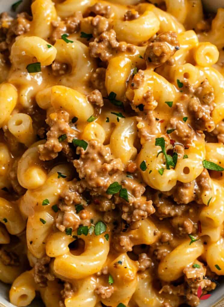 A comforting dish of hamburger helper  pasta, richly flavored with spices, ground beef, and cheddar cheese.