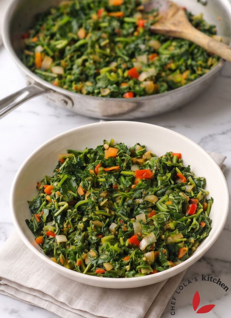 Traditional Jamaican callaloo served as a flavorful leafy green vegetable dish.