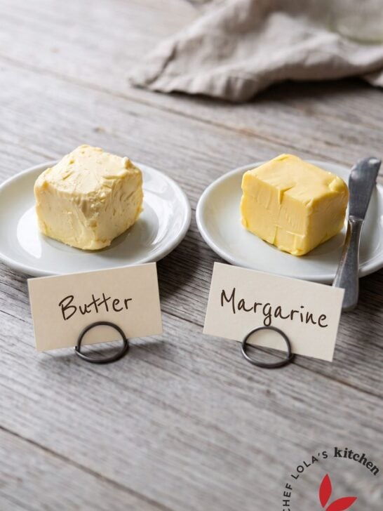 Side-by-side comparison of butter and margarine in separate dishes.