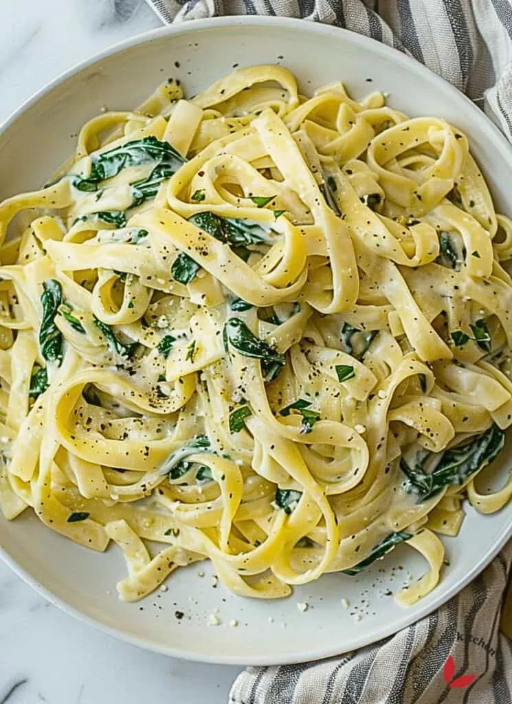 Bowl of creamy spinach pasta garnished with parmesan, perfect for a quick weeknight dinner.