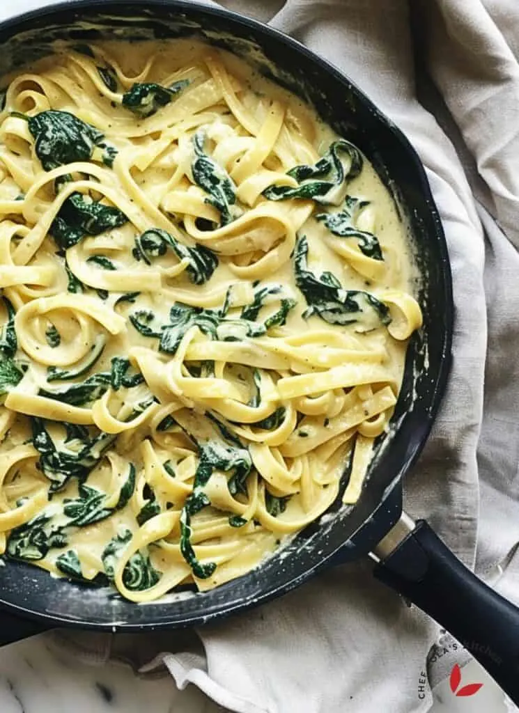 Delicious pot of creamy spinach pasta garnished with parmesan, perfect for a quick weeknight dinner.