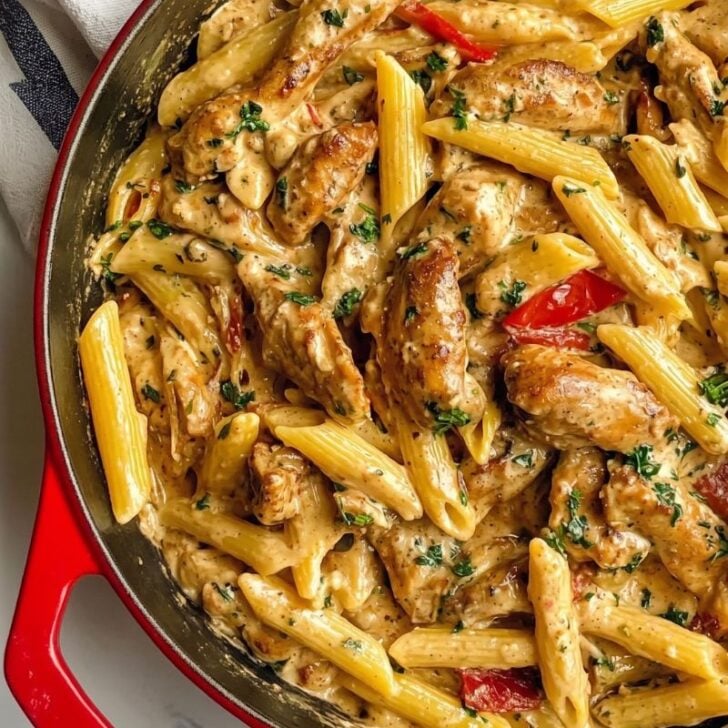 Delicious pot of creamy pasta with a rich Jamaican jerk sauce and grilled chicken slices.