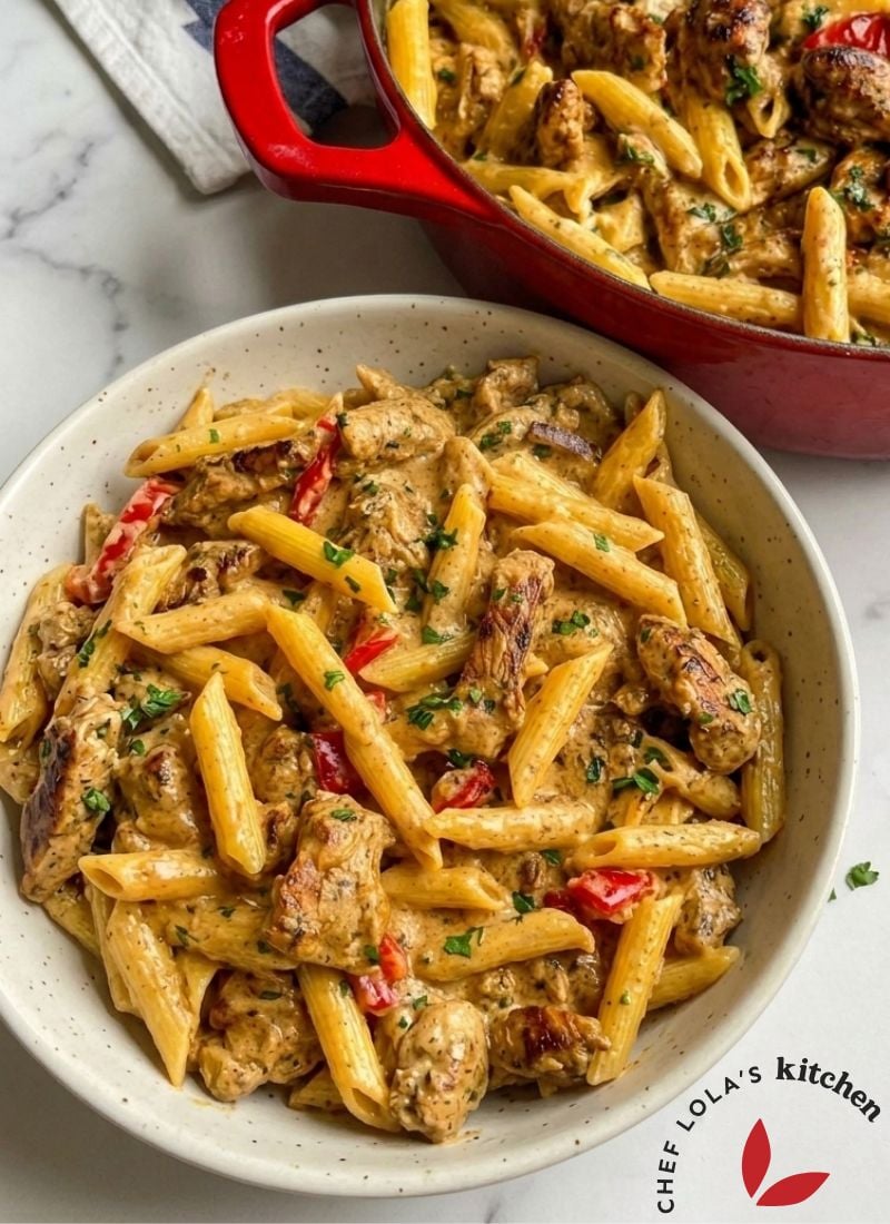 Delicious Creamy Jerk Chicken Jamaican Rasta Pasta served in a white bowl.