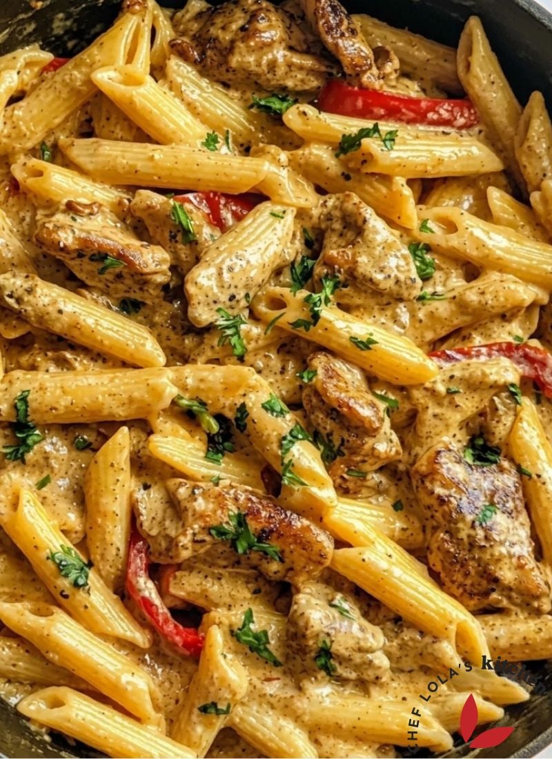 Close-up of creamy pasta with Jamaican jerk seasoning and colorful bell peppers.