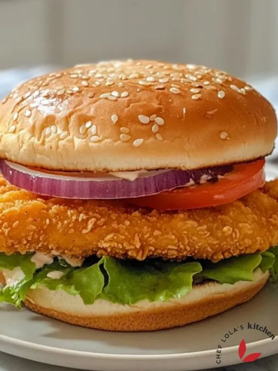 Juicy and crispy fried chicken burger with lettuce, tomato, pickle and a whole bun