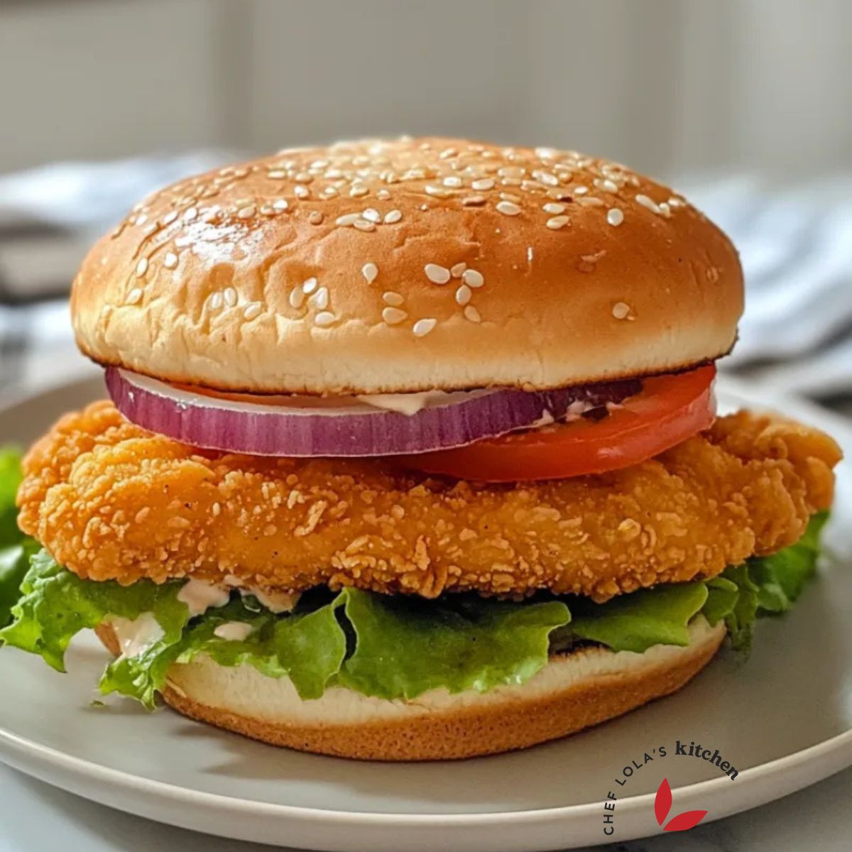 Juicy and crispy fried chicken burger with lettuce, tomato, pickle and a whole bun