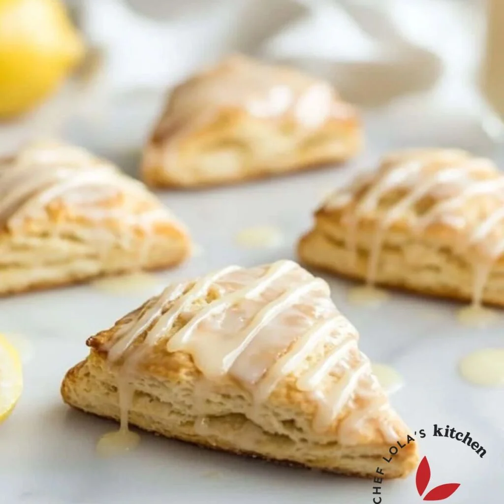 Freshly baked glazed lemon scones on a white plate, drizzled with glossy lemon glaze.