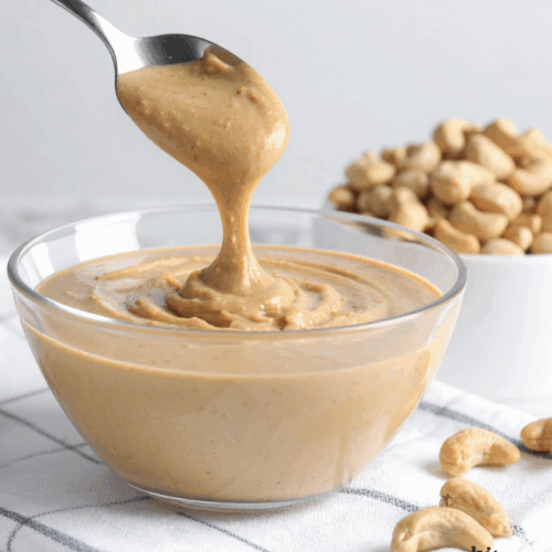 A bowl filled with smooth and delicious cashew butter