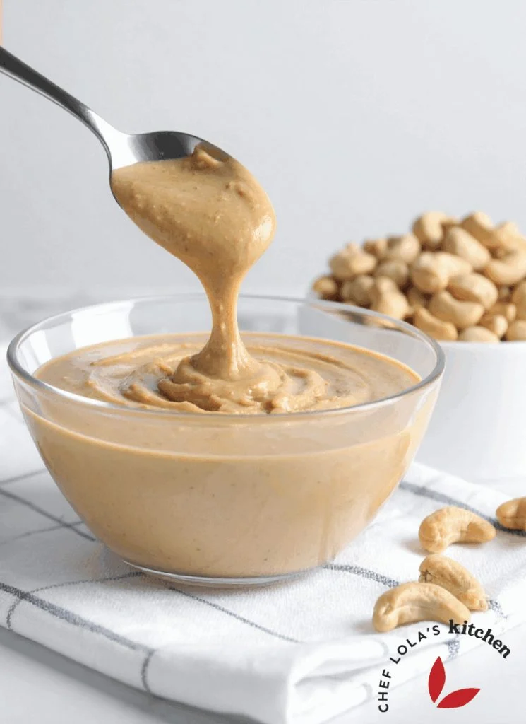 A bowl filled with smooth and delicious cashew butter