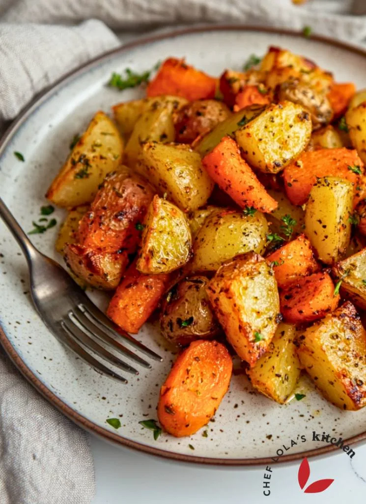 Roasted potatoes and carrots, seasoned with a savory blend of herbs and spices, are perfect for any meal.