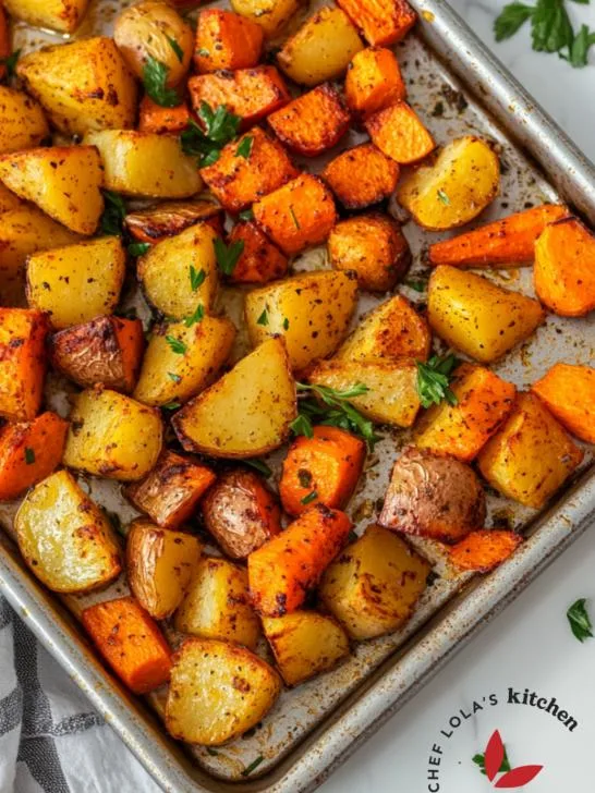 Delicious, tender roasted potatoes and carrots flavored with fresh herbs and spices