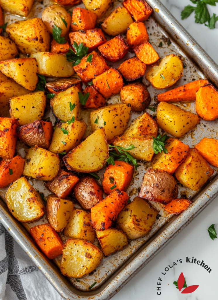 Delicious, tender roasted potatoes and carrots flavored with fresh herbs and spices