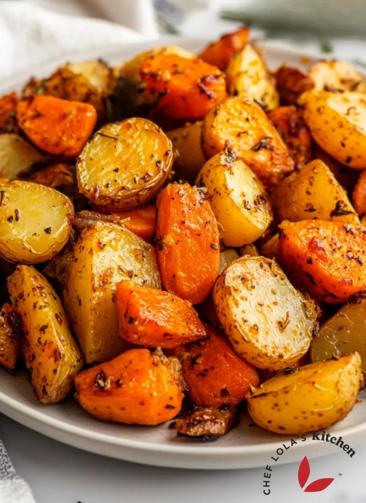 Golden brown roasted potatoes and carrots infused with the flavors of herbs and spices