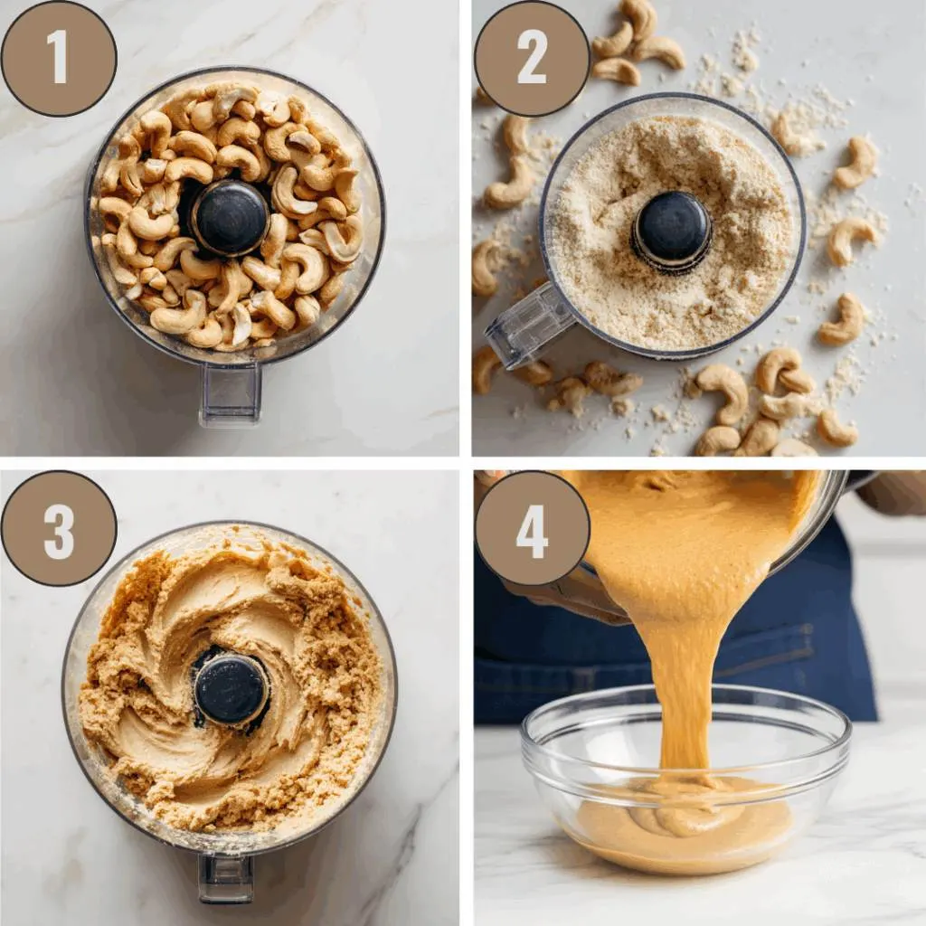 A step-by-step process for creating delicious homemade cashew butter.
Step 1: Add the roasted cashews into a blender or food processor.
Step 2: Blend until cashews are chopped.
Step 3: Continue blending until the powdery texture turns smooth.
Step 4: Transfer the creamy cashew butter to an airtight container and refrigerate.