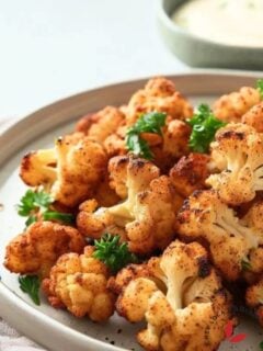 Delicious air fryer cauliflower served in a plate and garnished with parsley