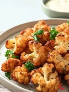 Delicious air fryer cauliflower served in a plate and garnished with parsley