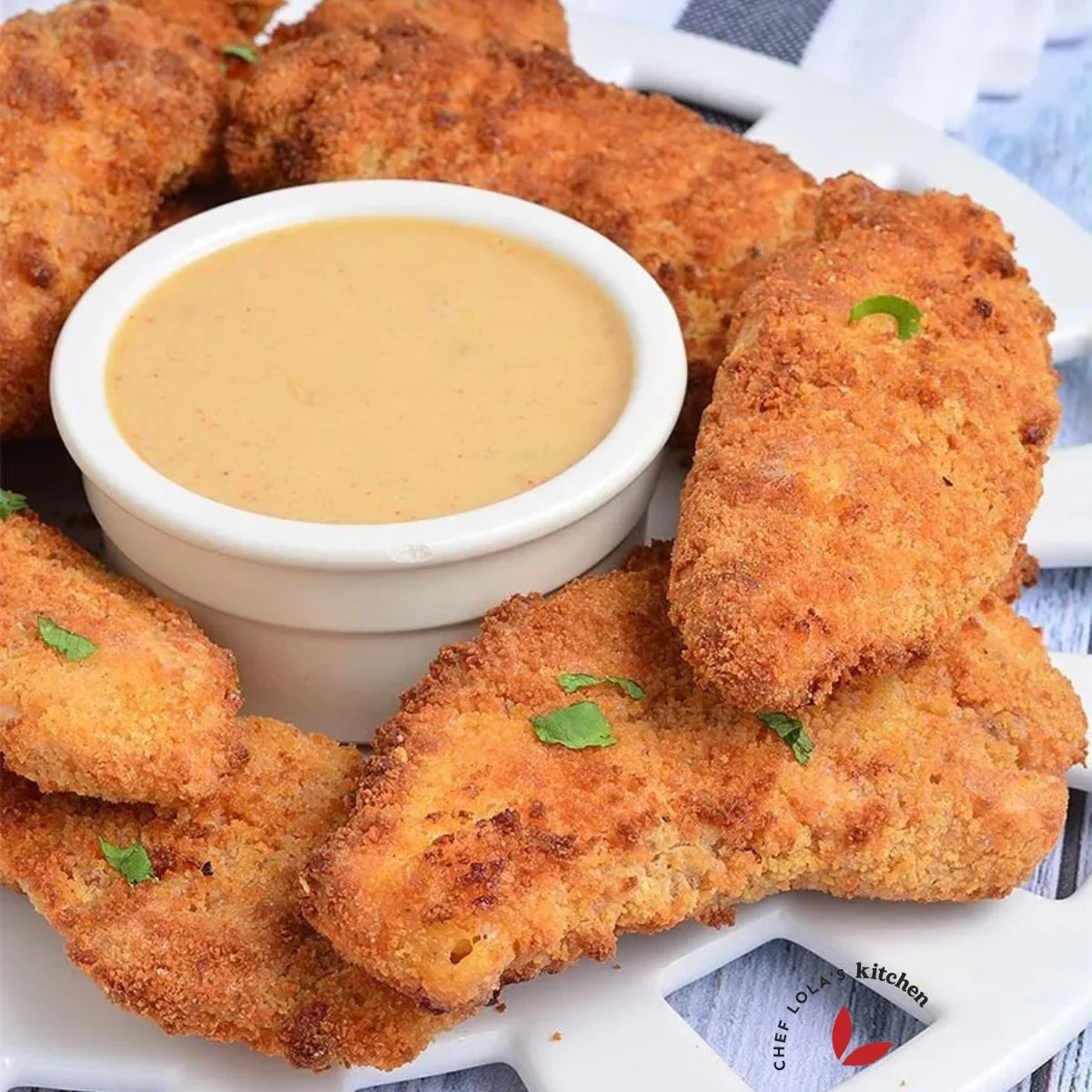 Air Fryer Chicken Tenders served with dipping sauce