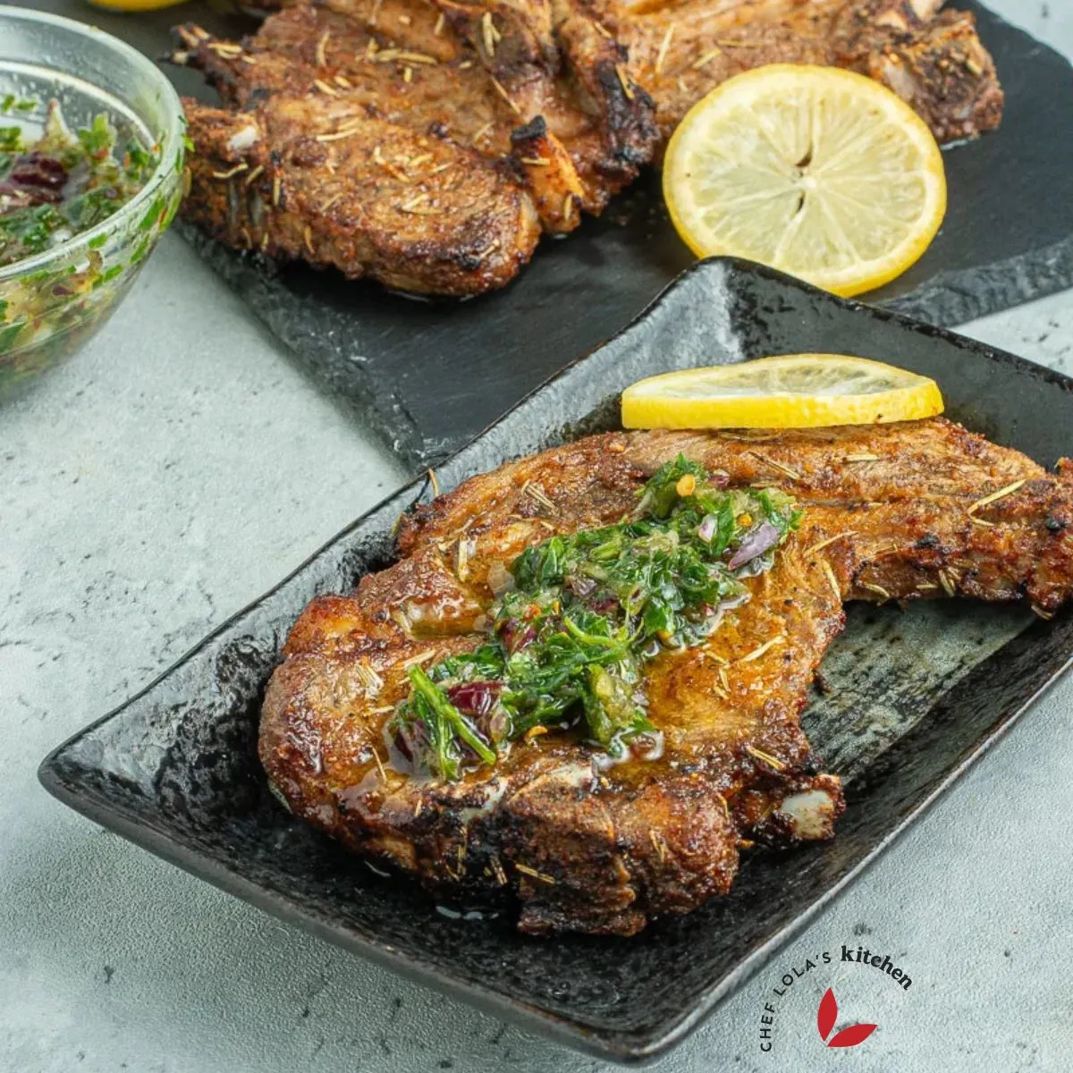 Air fryer lamb chops garnished with chimichurri