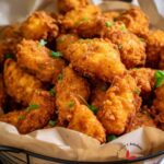 Close-up air-fried popcorn chicken revealing crispy exterior.