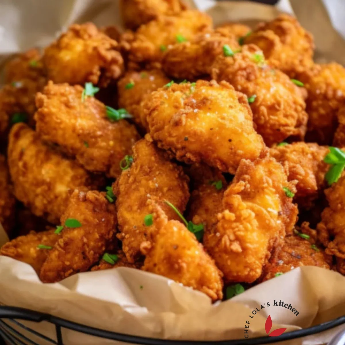 Close-up air-fried popcorn chicken revealing crispy exterior.