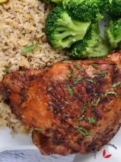 Air fryer Chicken thighs served with brown rice and broccoli