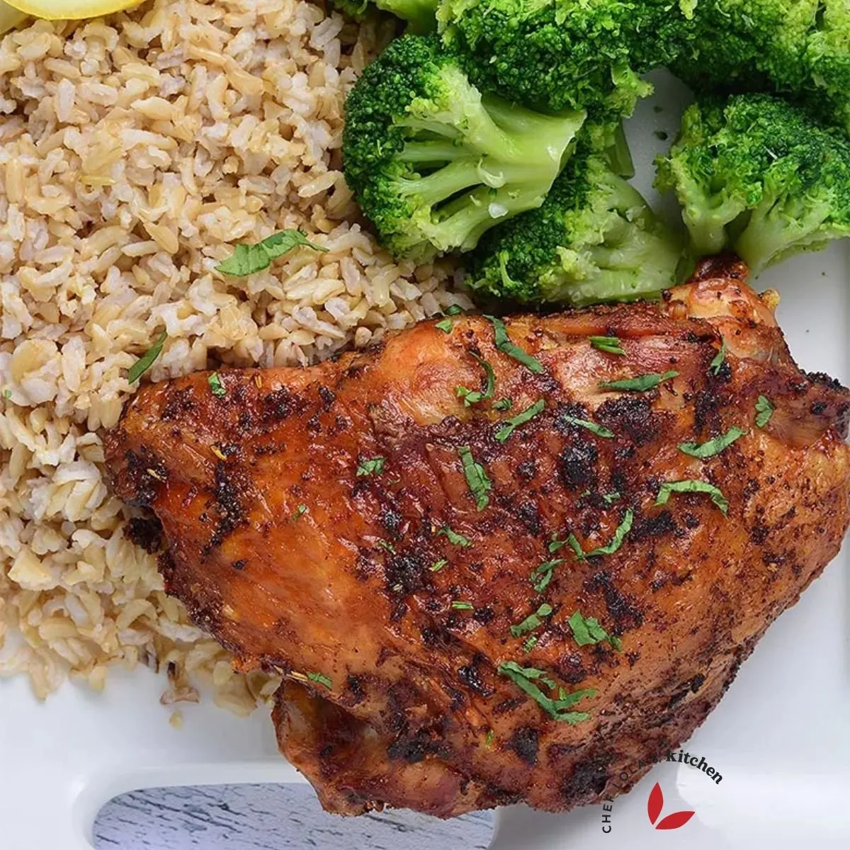 Air fryer Chicken thighs served with brown rice and broccoli