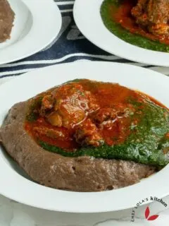 Amala and ewedu with beef stew