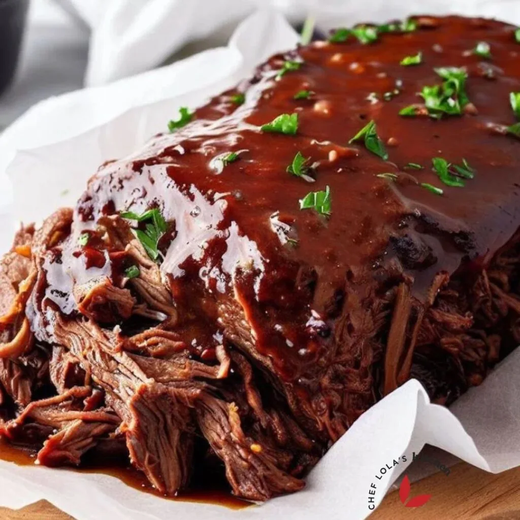 Beef brisket made in the slow cooker and brushed with bbq sauce