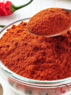 Homemade Berbere Spice scooped up with a spoon to show it's beautiful texture