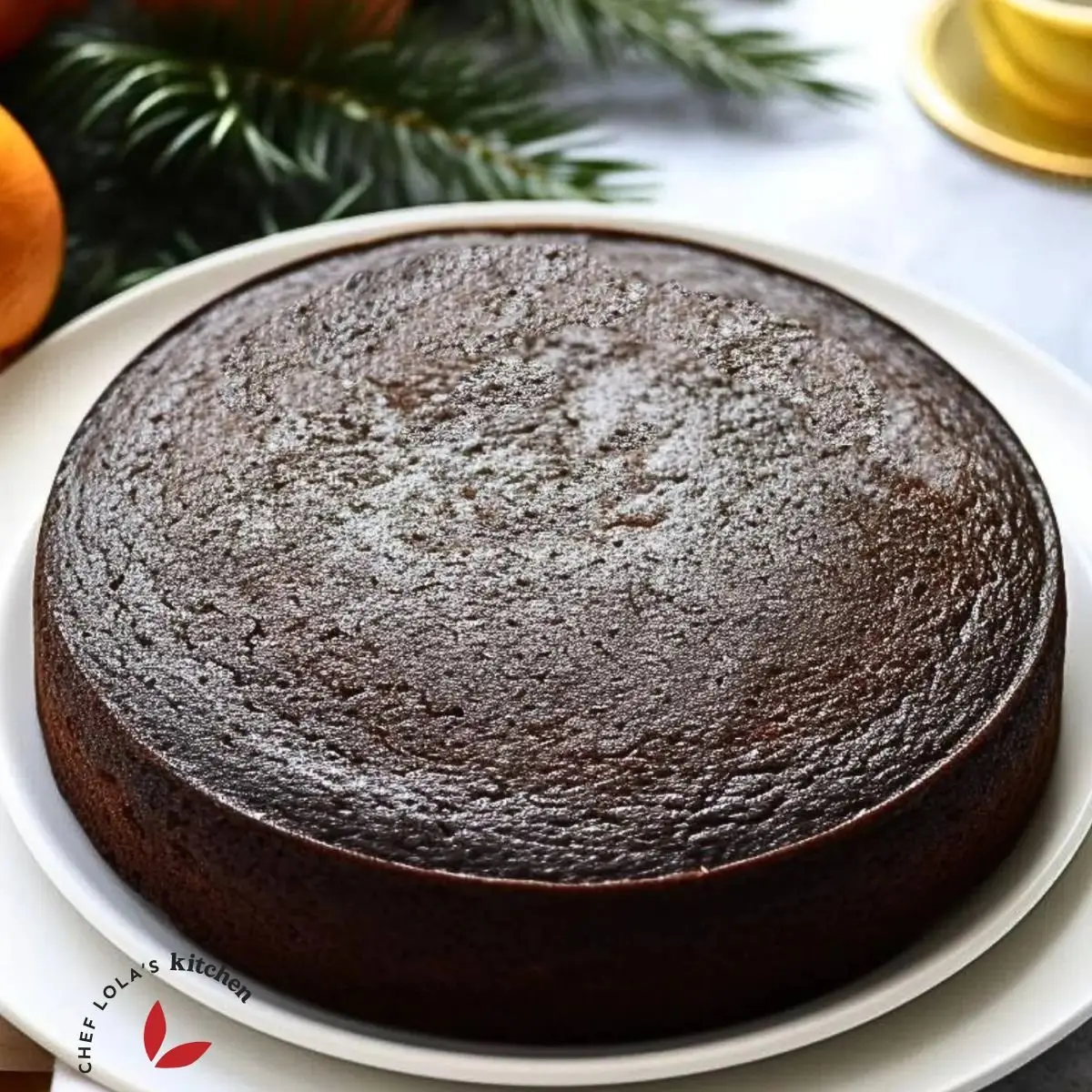 Freshly baked Jamaican Black Rum Cake, displaying its characteristic dark, glossy surface.