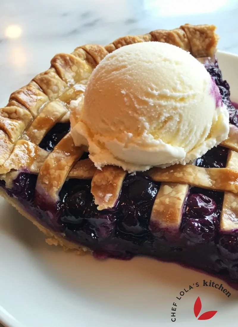 Warm blueberry pie with a scoop of vanilla ice cream