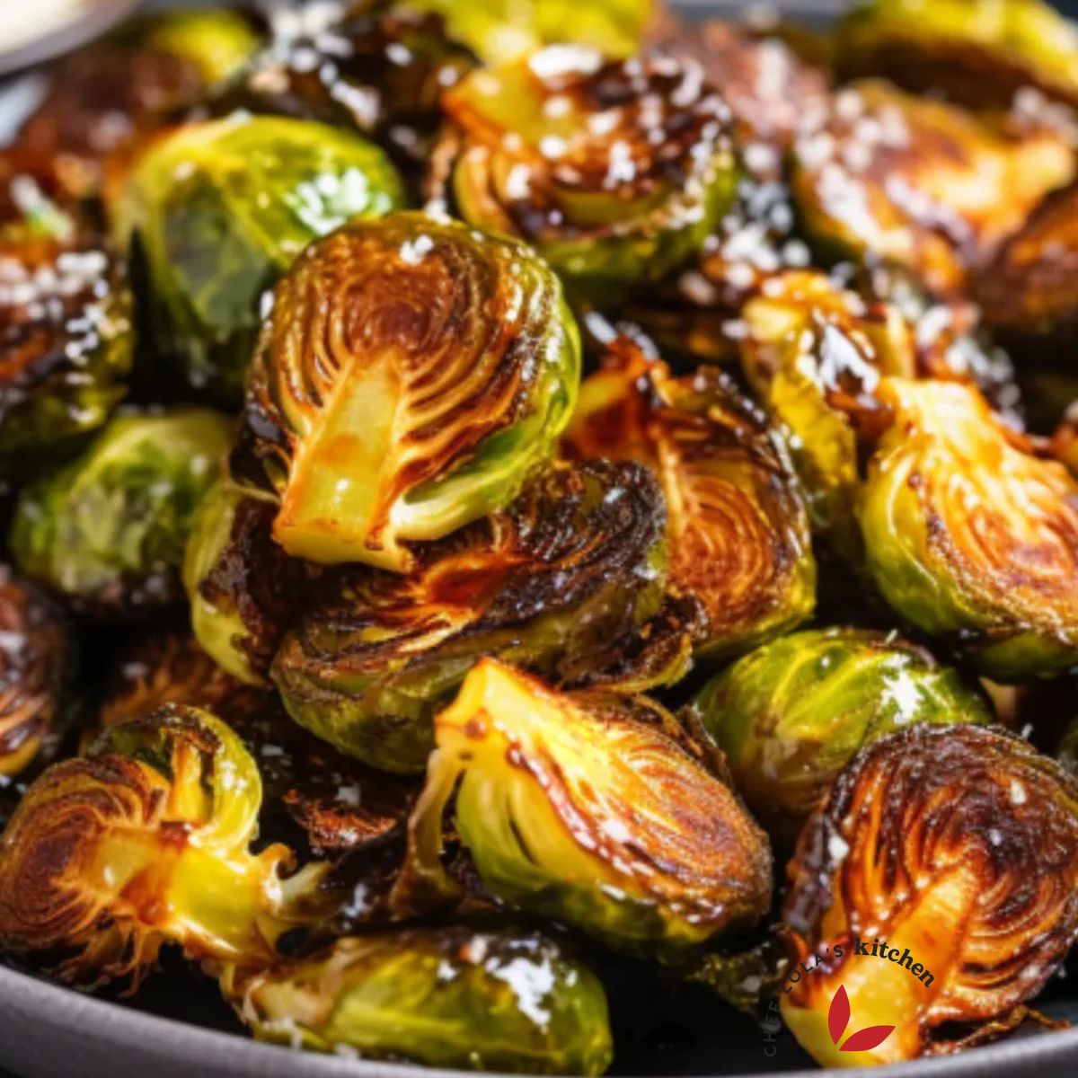 A close-up of perfectly cooked air fryer Brussels sprouts with a delightful crunch.