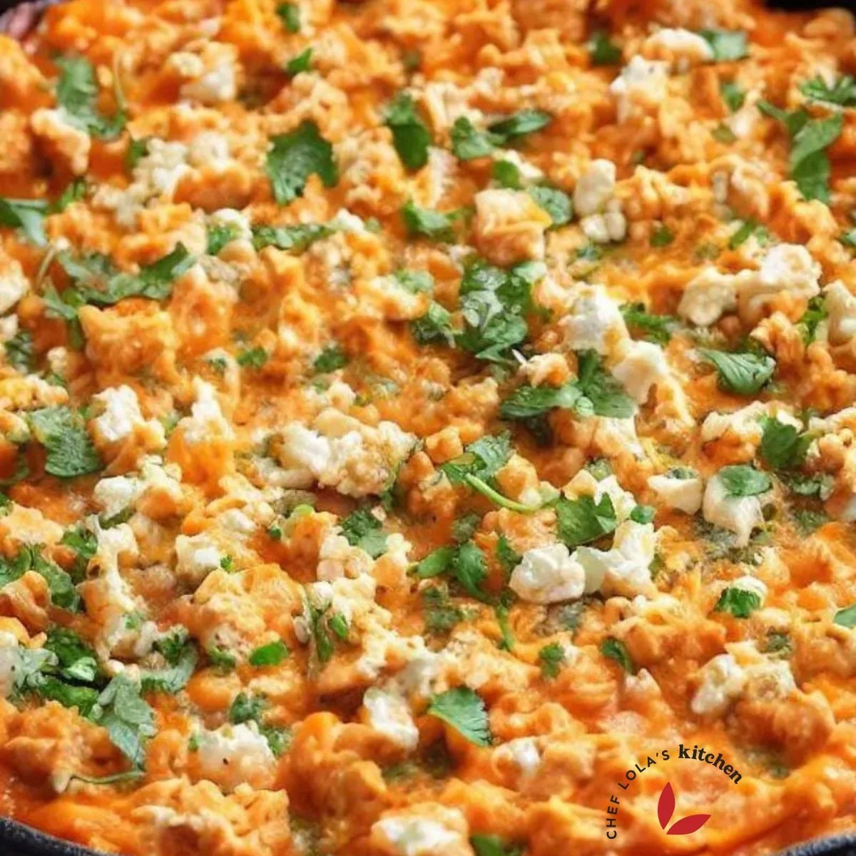 Buffalo Chicken Dip garnished with blue cheese and parsley