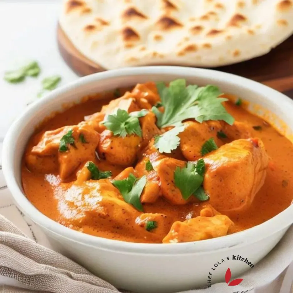 A delicious bowl of butter chicken with naan