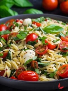Bowl of Caprese Orzo Salad bursting with bright tomatoes, mozzarella balls, and fresh basil leaves.