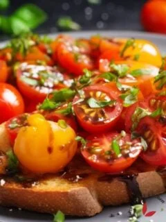 Tomato bruschetta served in a plate and beautifully garnished with basil