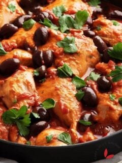 Delicious Chicken cacciatore in a skillet garnished with parsley