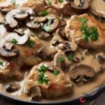 Chicken Marsala garnished with fresh parsley leaves