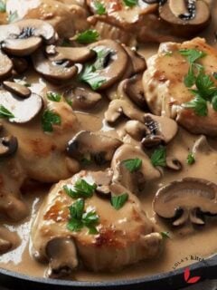 Chicken Marsala garnished with fresh parsley leaves