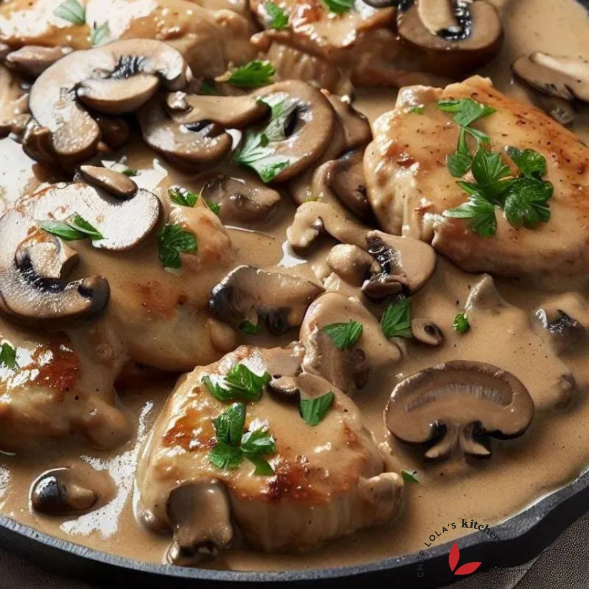 Chicken Marsala garnished with fresh parsley leaves
