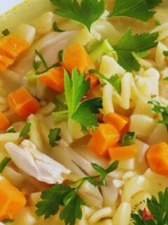 A bowl of chicken noodle soup garnished with parsley
