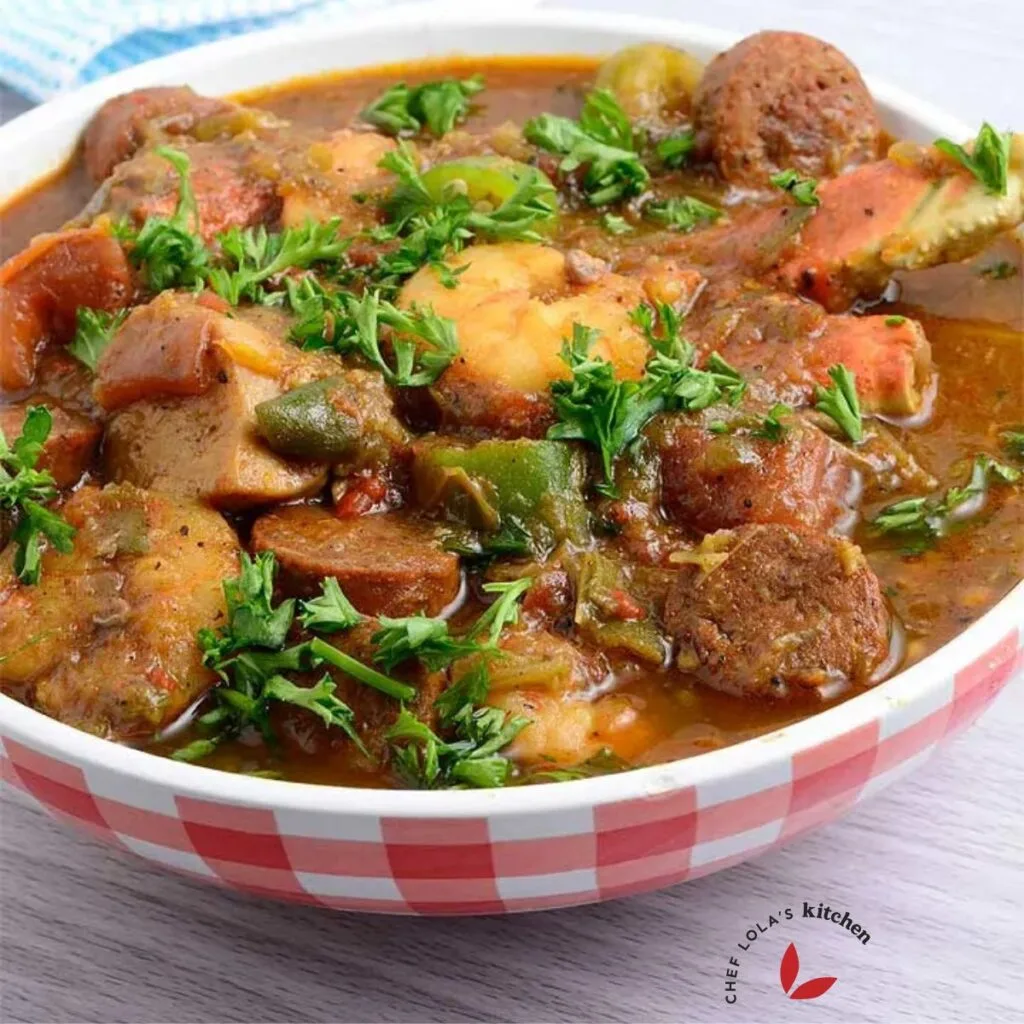 Chicken Shrimp And Sausage Gumbo served inside a bowl