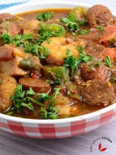 Chicken Shrimp And Sausage Gumbo served inside a bowl