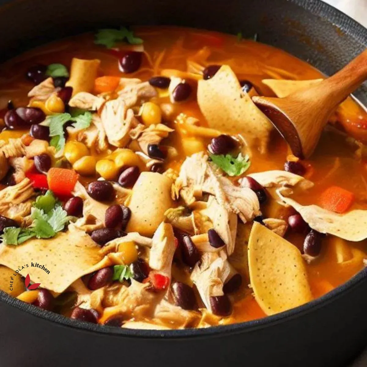 A pot of homemade tortilla soup with corn chips and garnished with parsley