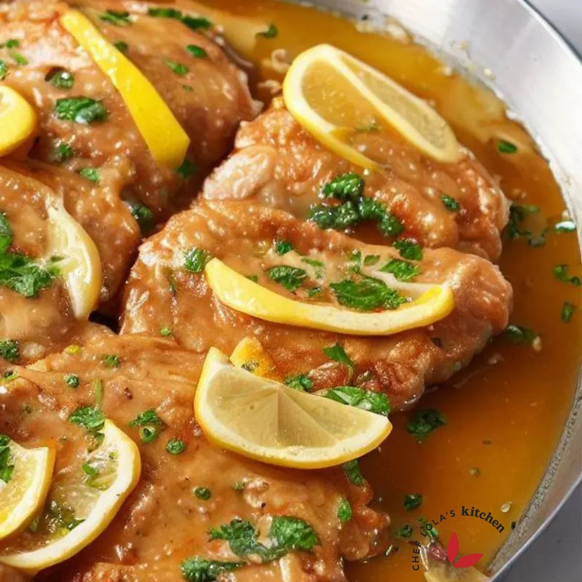 Chicken francese with sliced lemon on top, served on a white plate with parsley garnish.