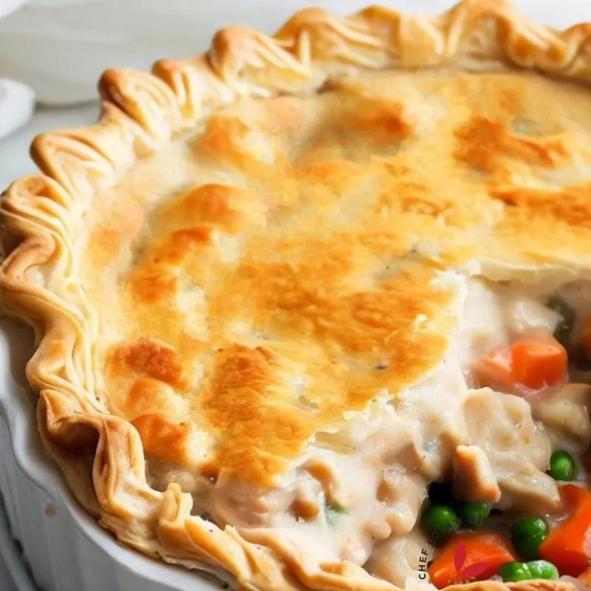 A freshly baked chicken pot pie with a delicious creamy chicken and filling.