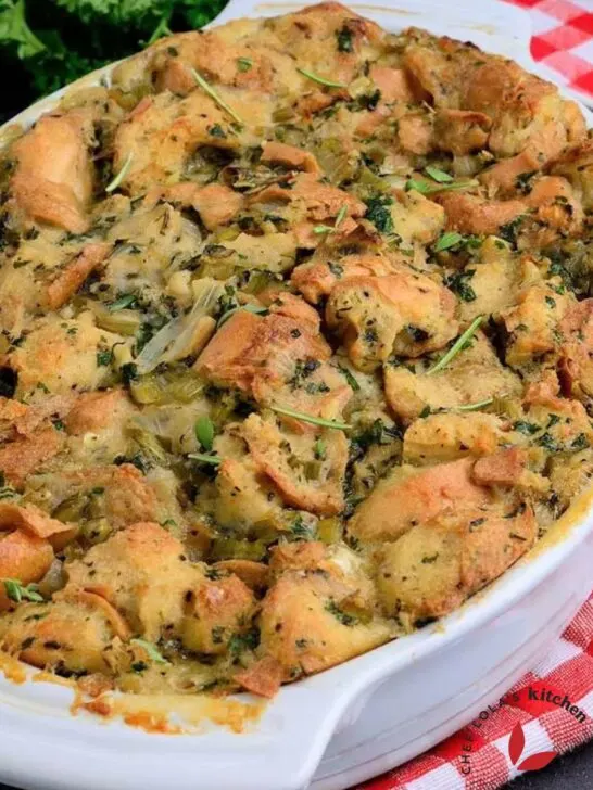 Easy classic family-style stuffing made with bread, herbs, vegetables, and savory seasonings.