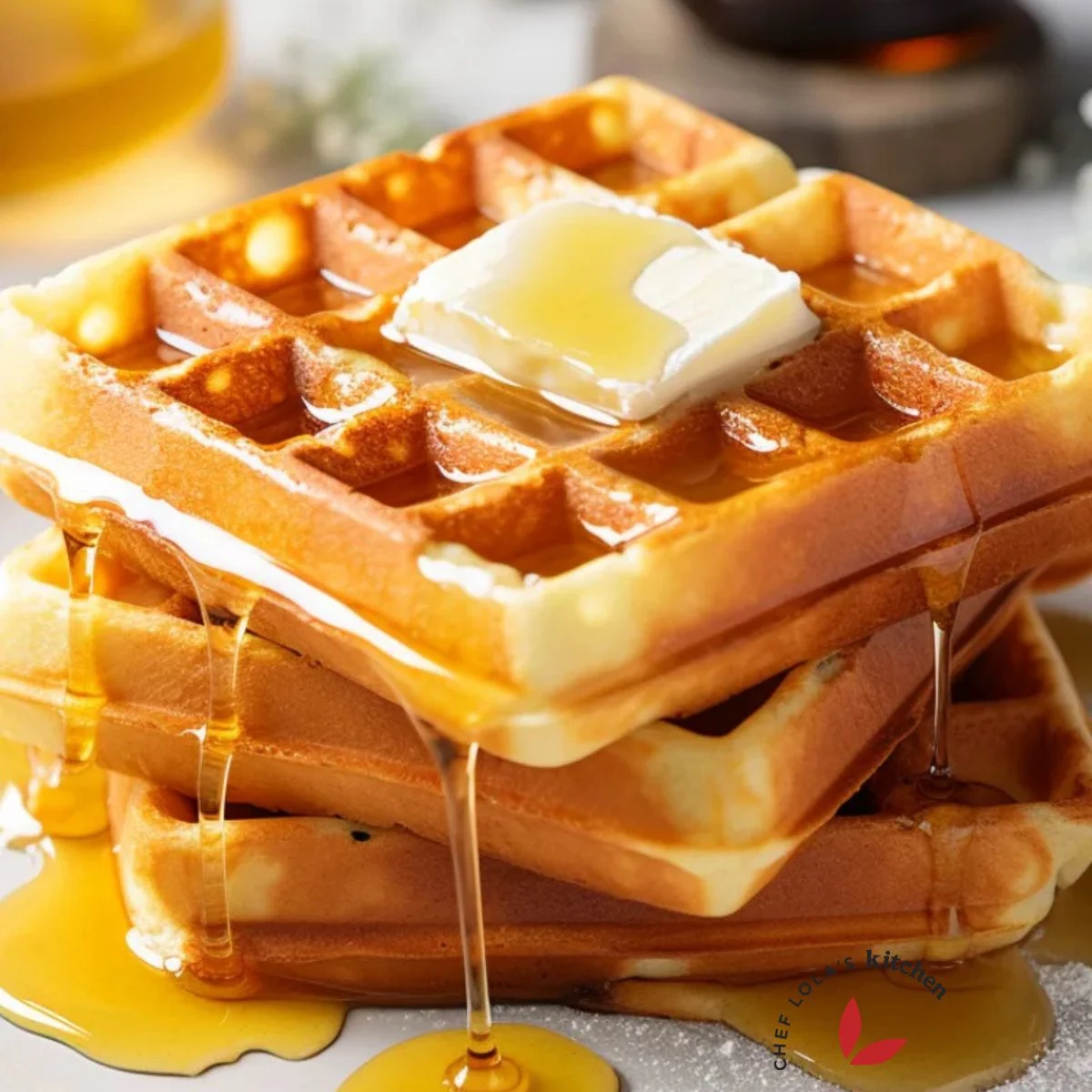A stack of golden-brown classic waffles topped with melted butter and drizzled with maple syrup, ready to be served.