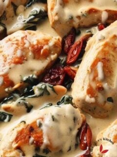 Delicious creamy Tuscan chicken in a skillet garnished with parsley