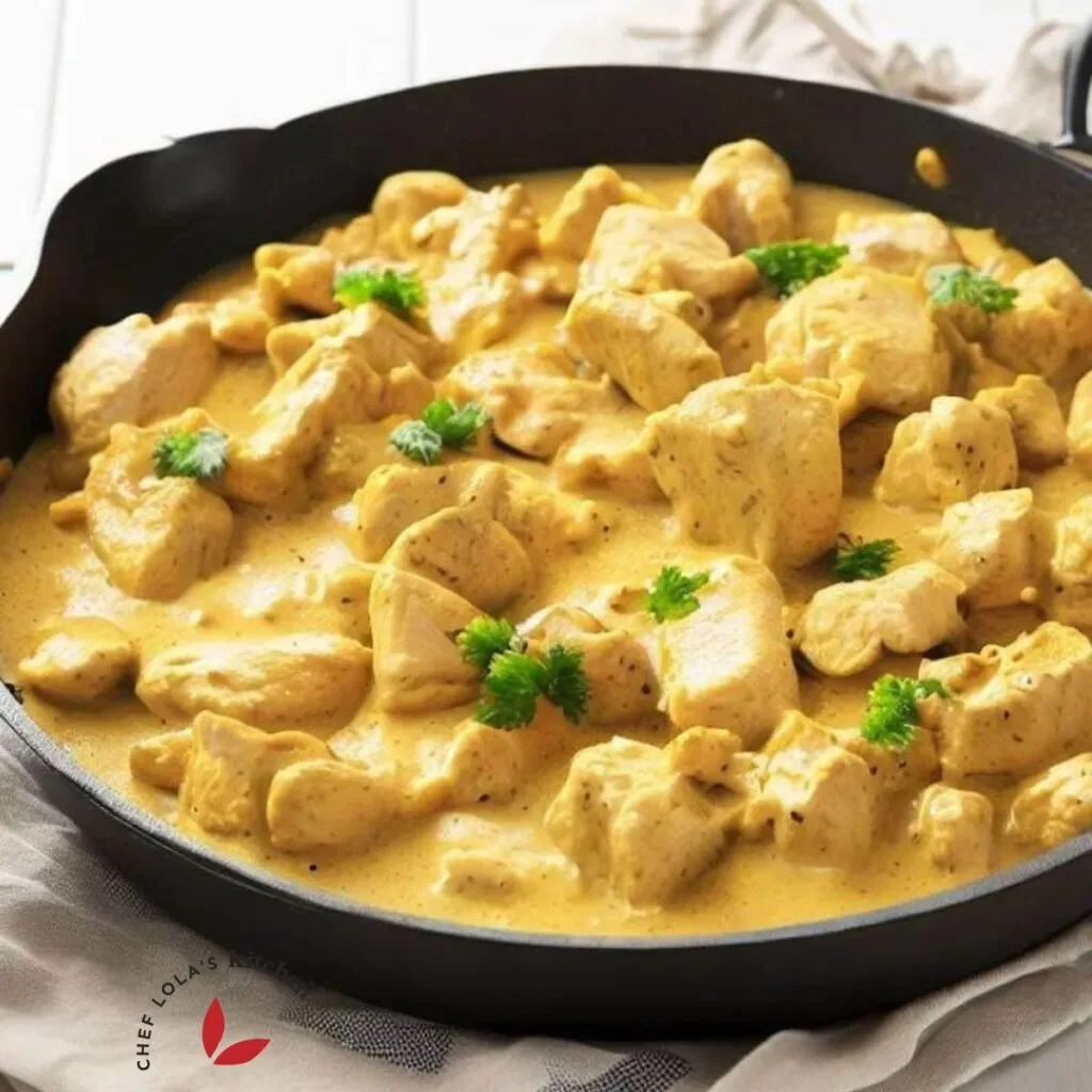 Delicious chicken curry well garnished with cilantro in a skillet